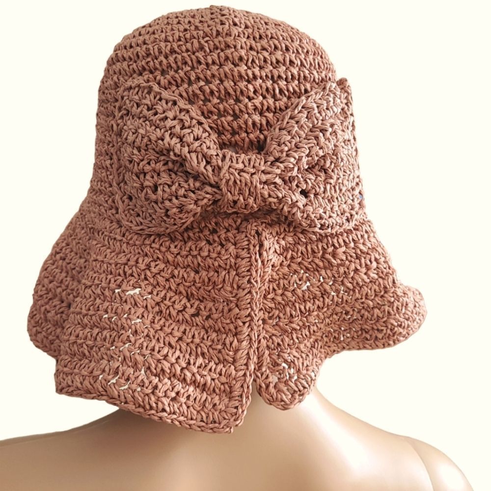 Straw Bucket Hat Crocheted With Bow Soft Rose‎ Open Weave